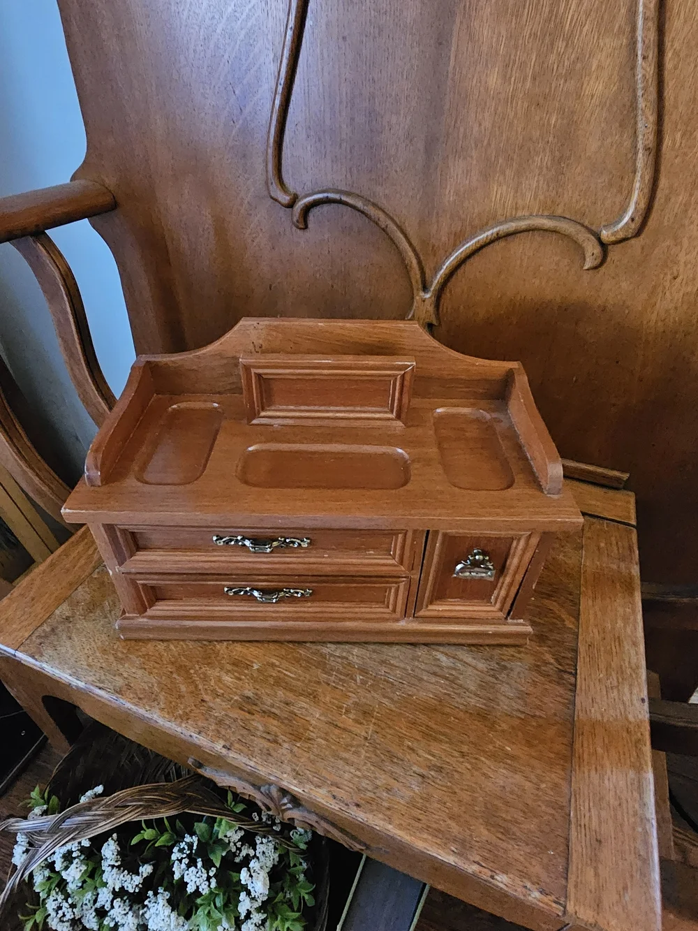 Vintage Wooden Jewelry Box Vanity Organizer Brass Hardware Ring Holder